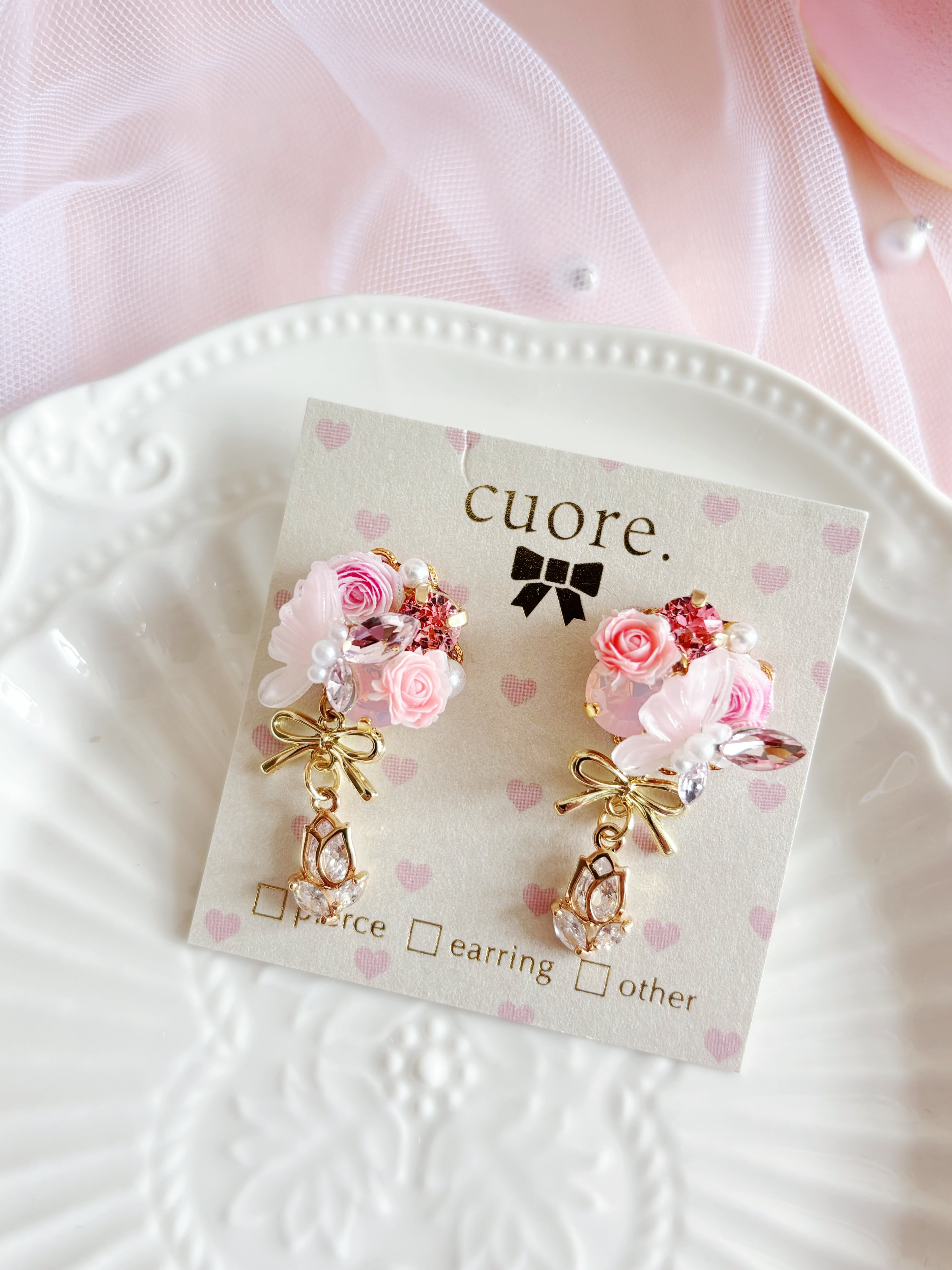 日本手工｜Cuore蝴蝶結玫瑰花耳環