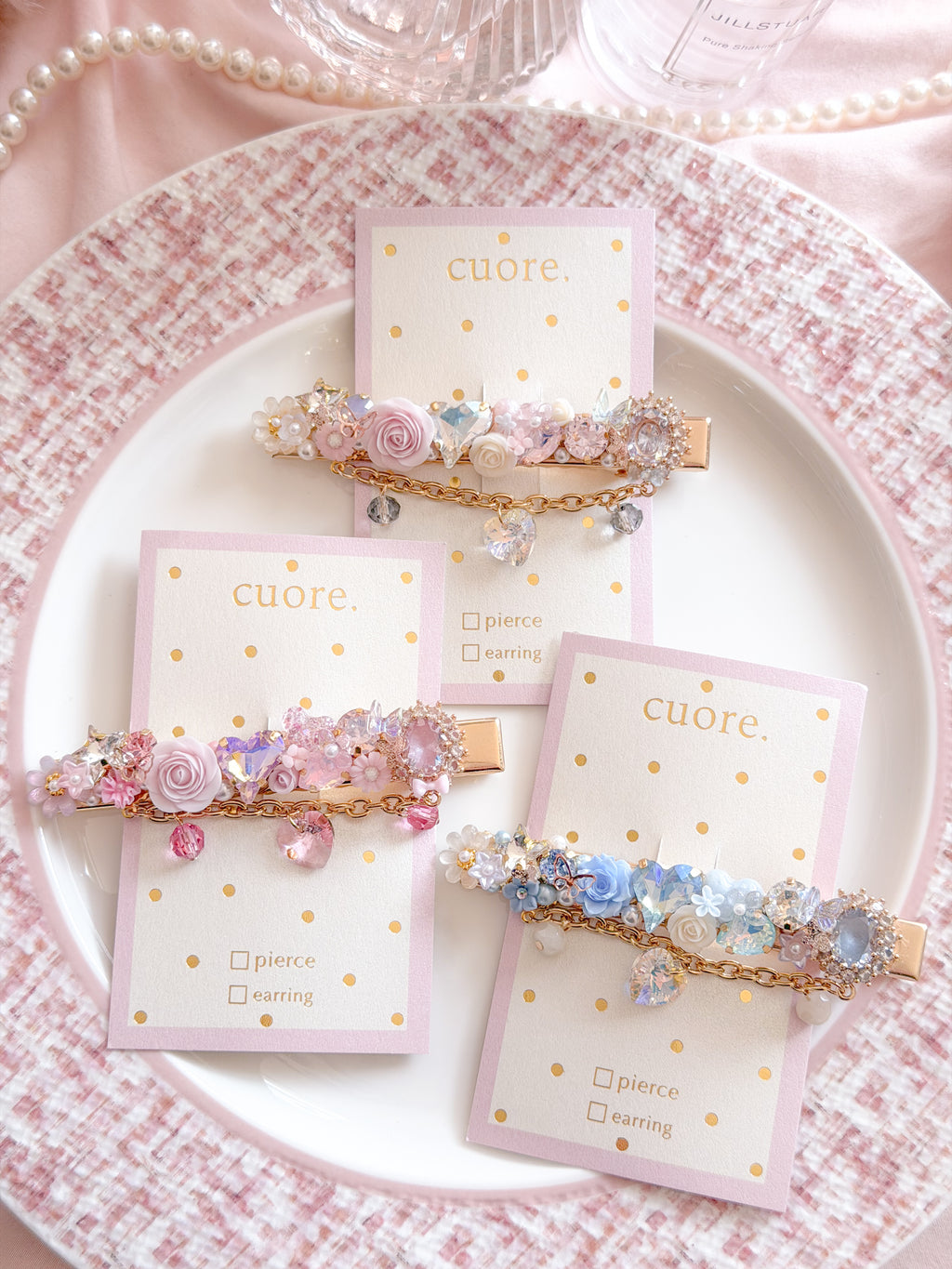 CUORE｜玫瑰水晶花鏈髮夾