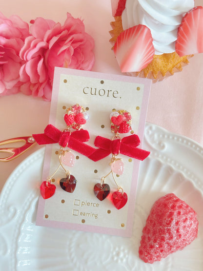 日本手工—Cuore紅色草莓蝴蝶結耳環
