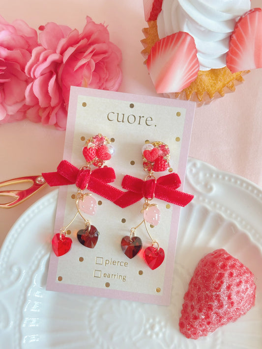 日本手工—Cuore紅色草莓蝴蝶結耳環