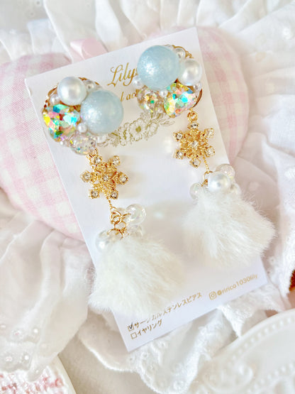 2Way白色水晶雪花耳環