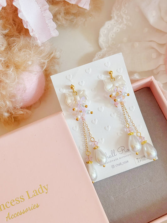 蝴蝶結透亮珍珠耳環