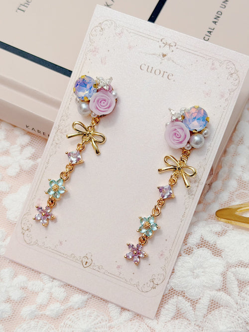Cuore 星空紫玫瑰蝴蝶結紫花花長耳環