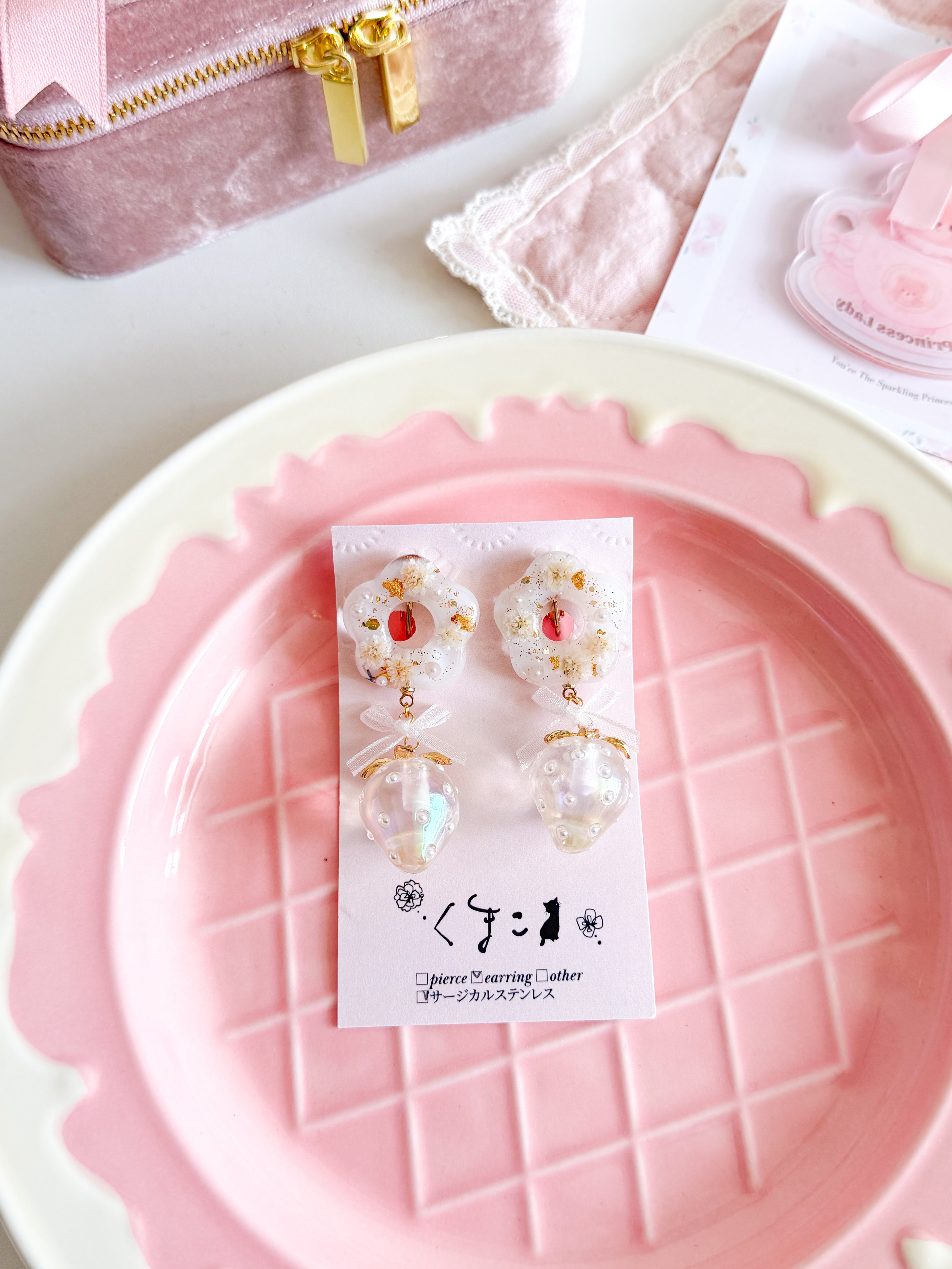 日本手工 | 櫻桃花朵透明珠吊墜耳夾