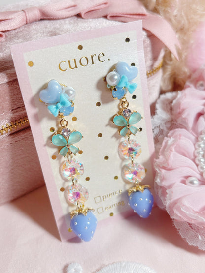 日本手工-粉藍水晶亮透蝴蝶結耳環