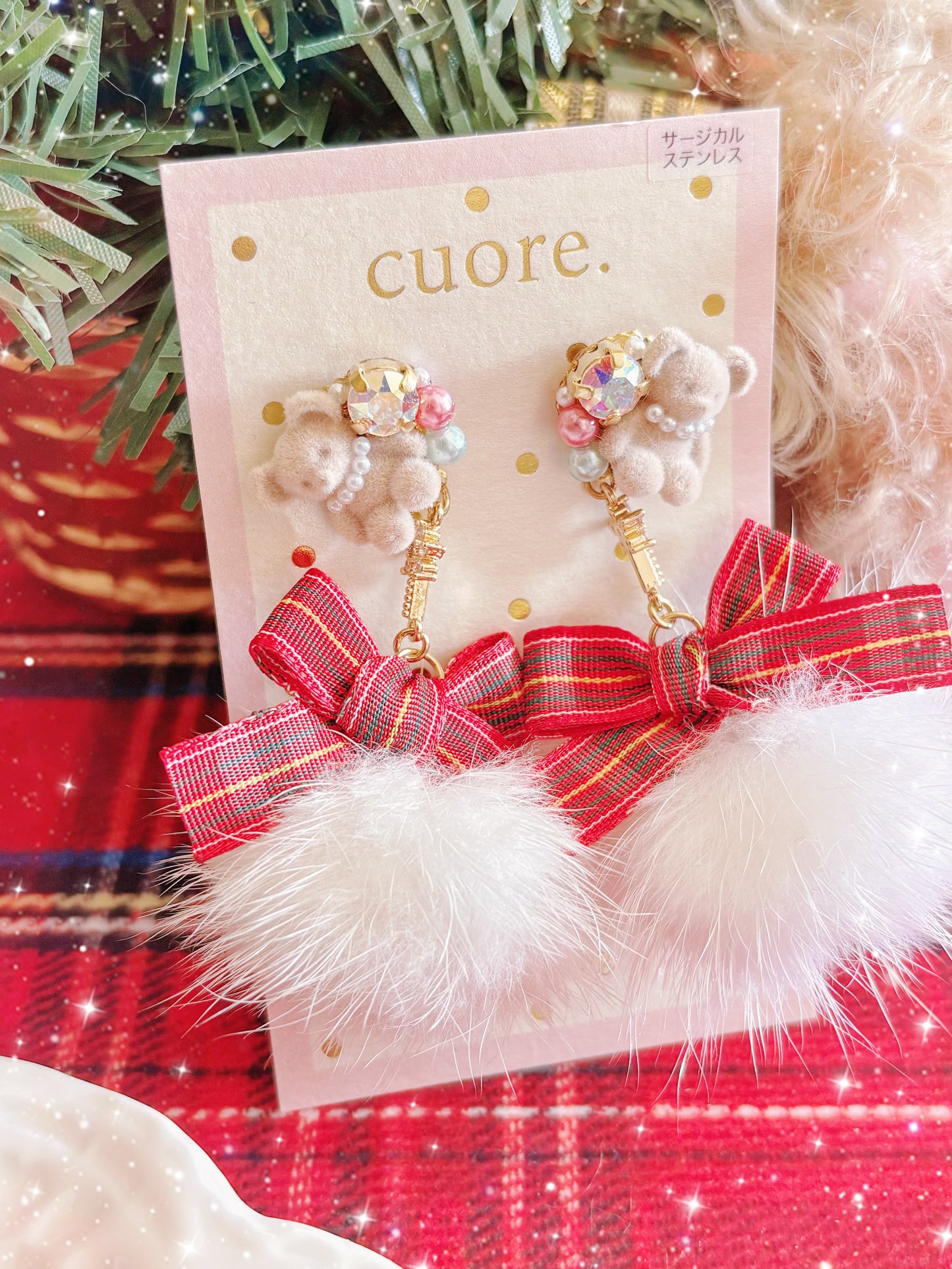 日本手工—聖誕小熊毛毛耳環