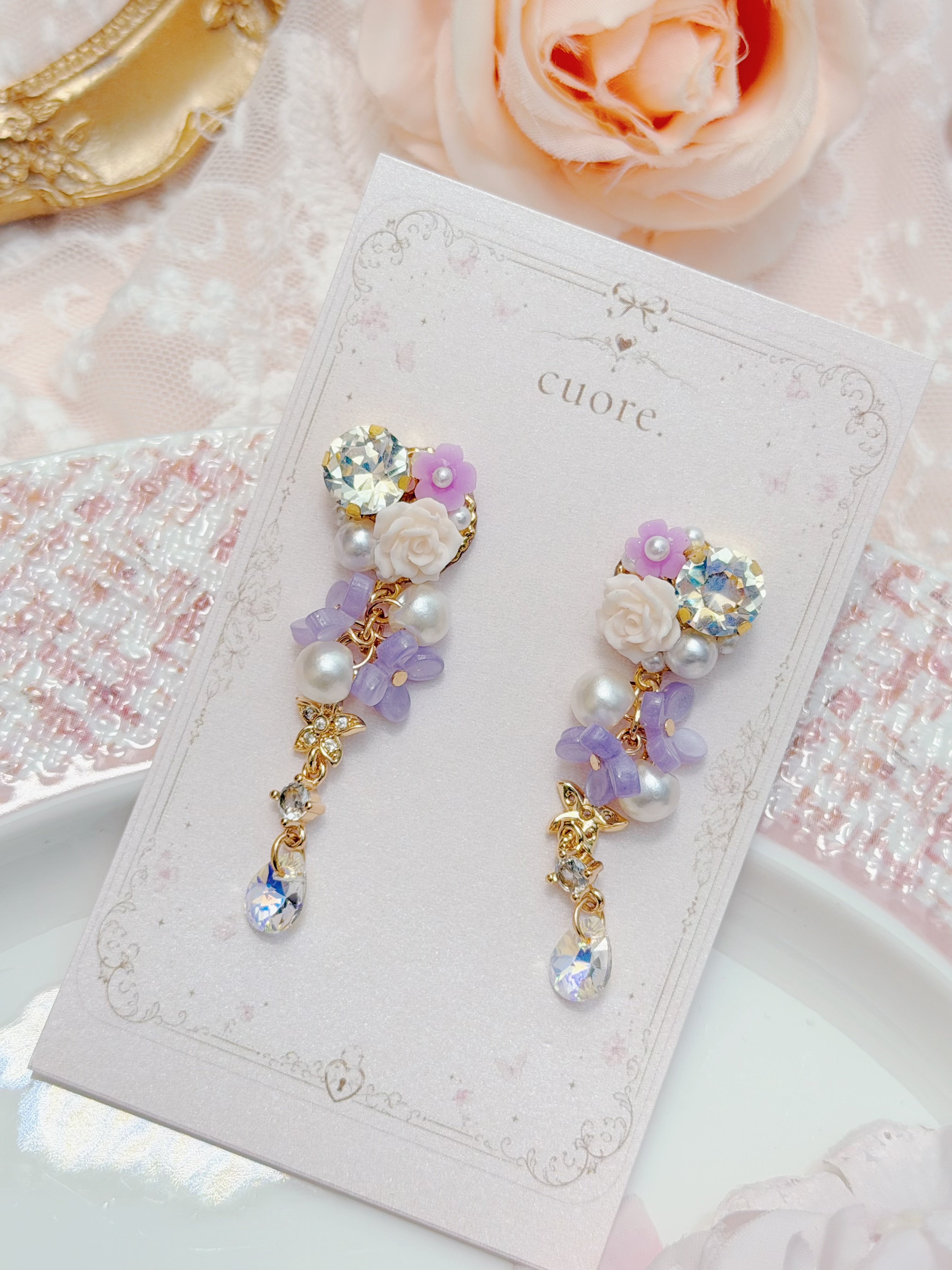Cuore | 紫色花花閃鑽耳環￼