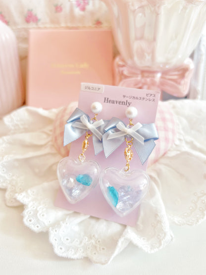 日本手工—蝴蝶結心形透明珠珠耳環