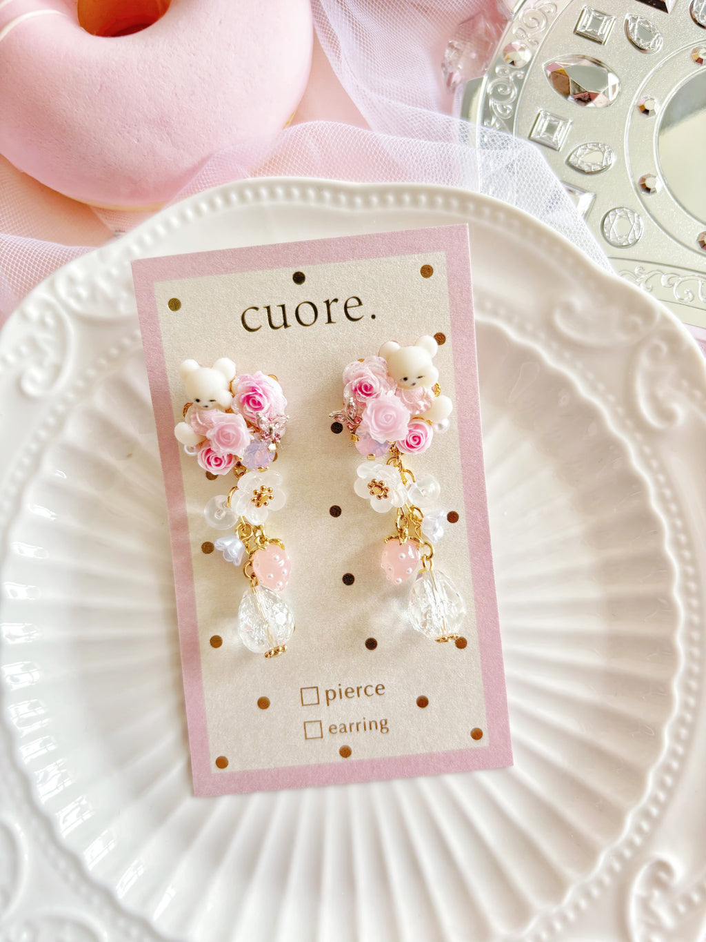 日本手工｜Cuore小熊玫瑰花水晶耳環