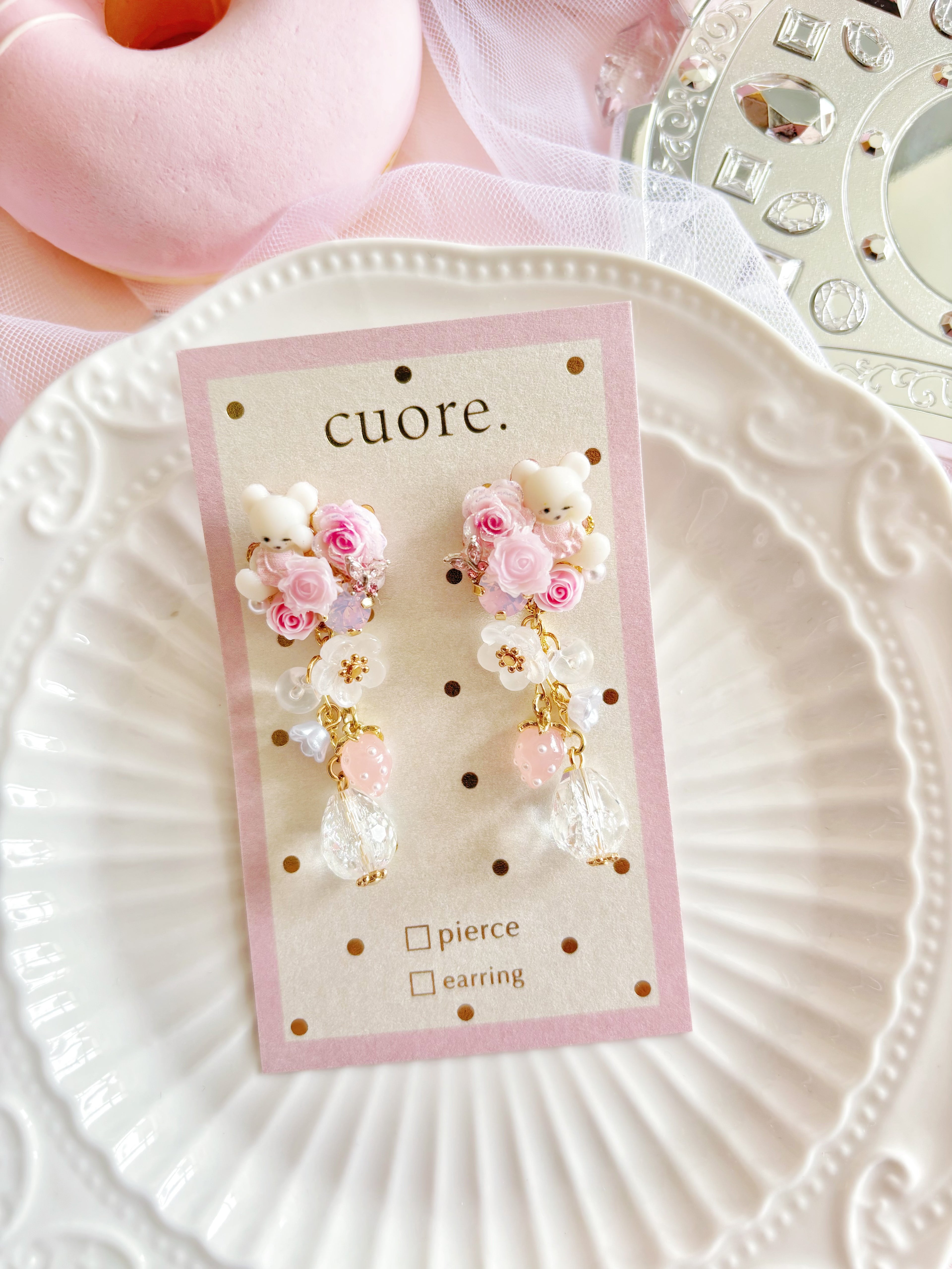 日本手工｜Cuore小熊玫瑰花水晶耳環