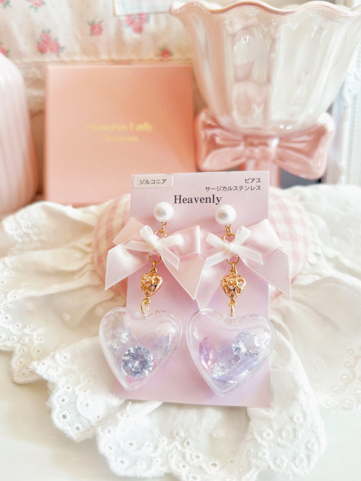 日本手工—蝴蝶結心形透明珠珠耳環