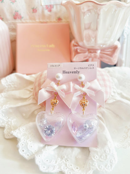 日本手工—蝴蝶結心形透明珠珠耳環