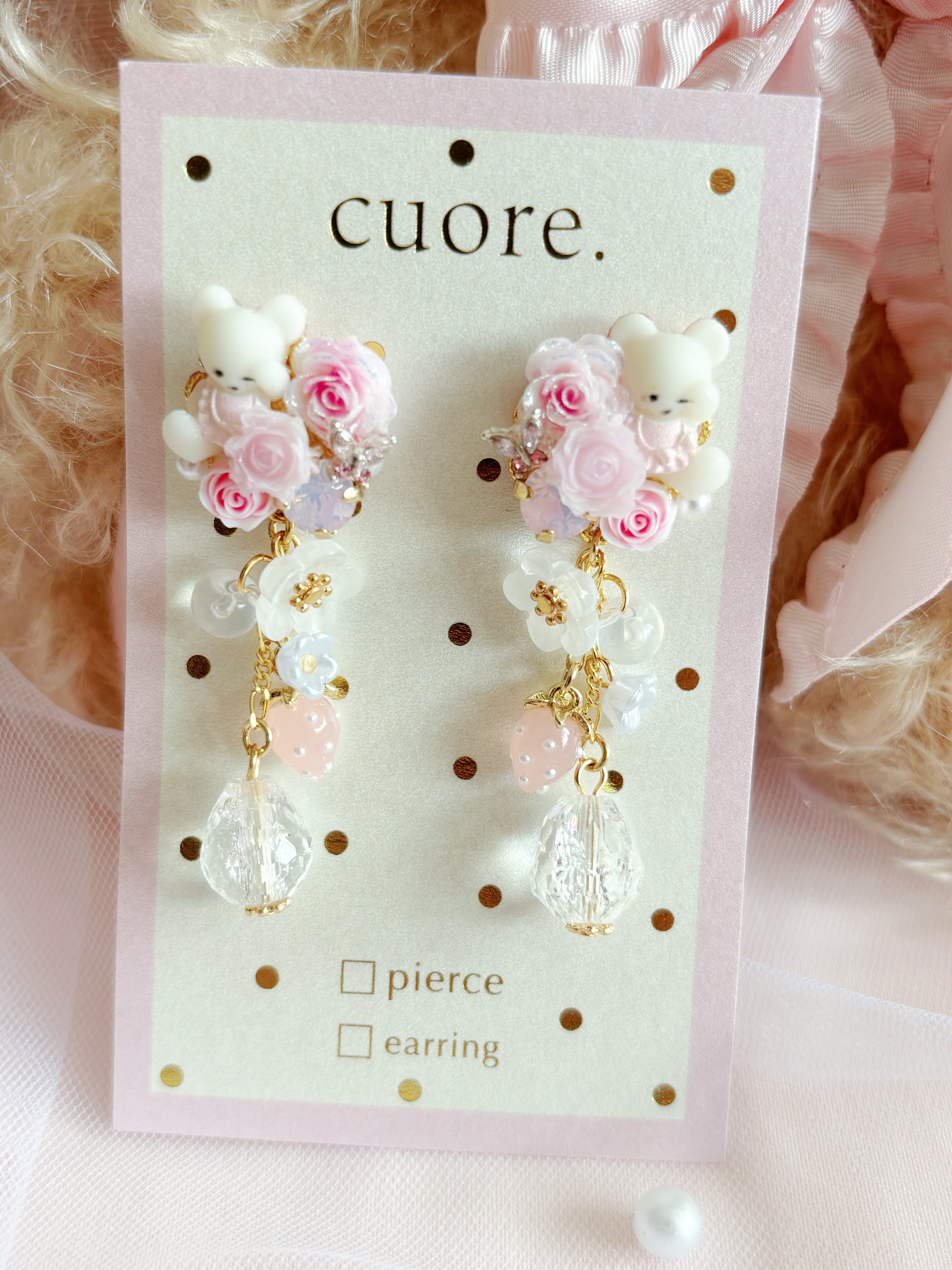日本手工｜Cuore小熊玫瑰花水晶耳環