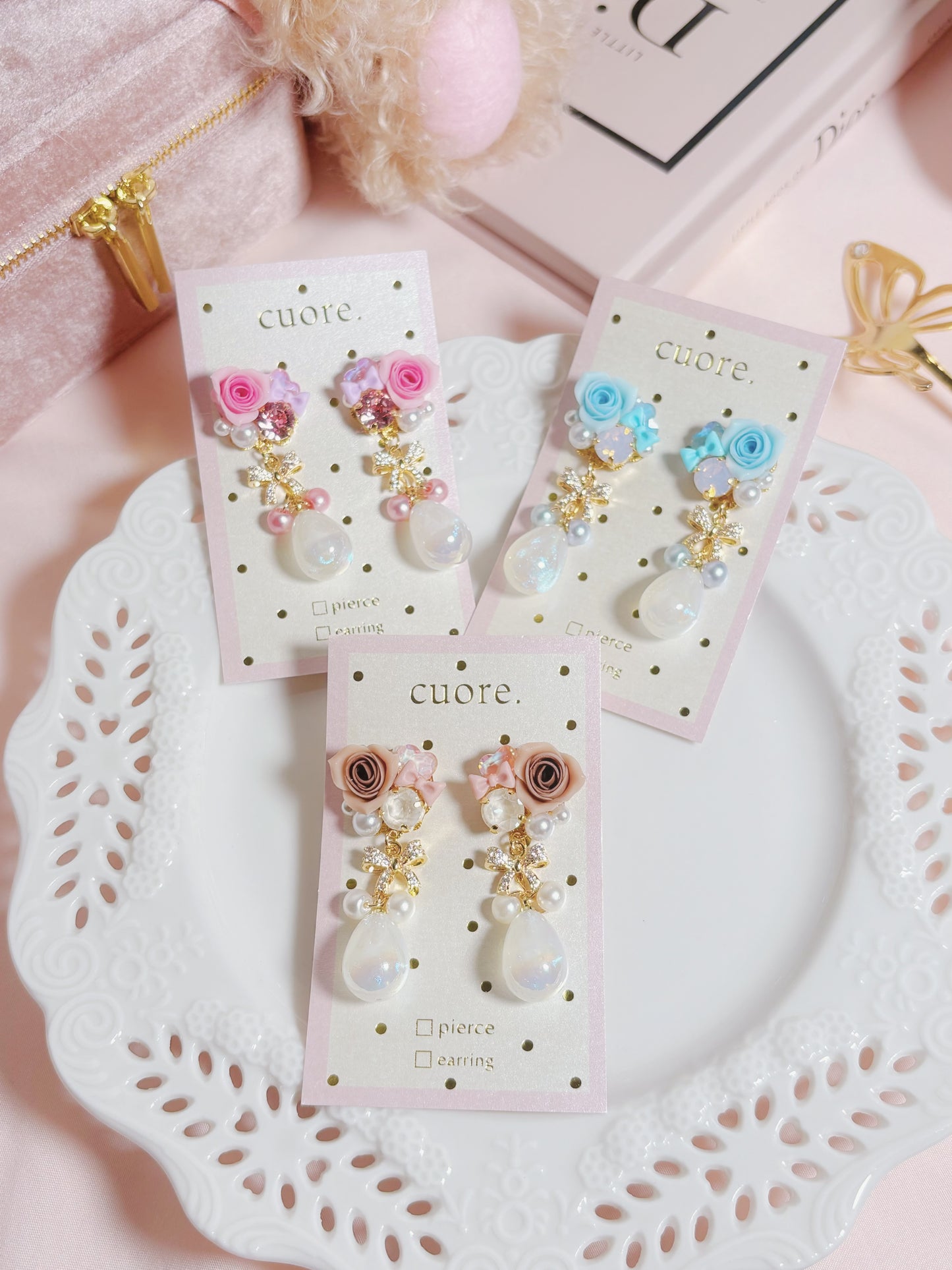 日本手作-樹脂玫瑰花幻彩水滴耳環