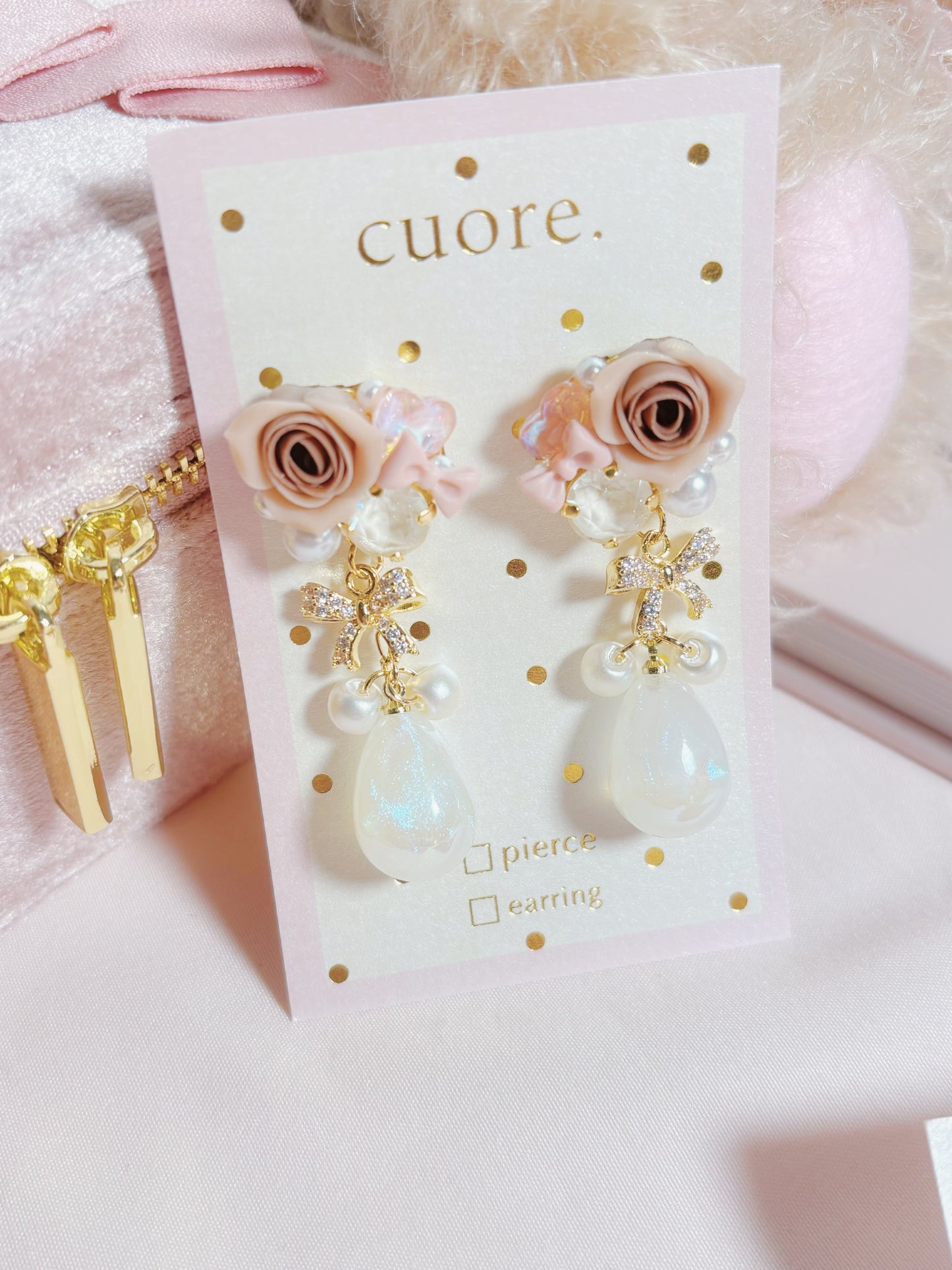 日本手作-樹脂玫瑰花幻彩水滴耳環