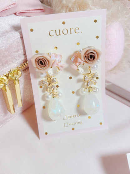 日本手作-樹脂玫瑰花幻彩水滴耳環