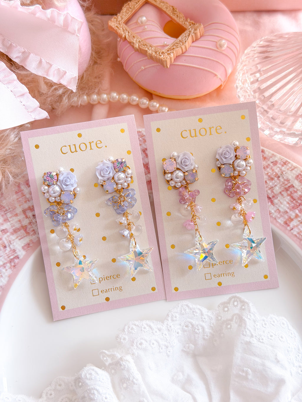 CUORE｜星光公主．流星玫瑰水晶耳環