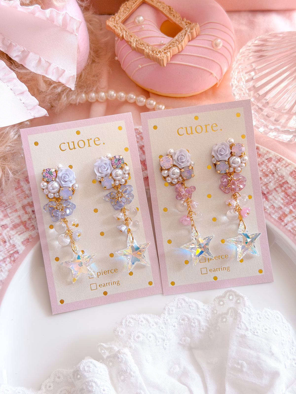 CUORE｜星光公主．流星玫瑰水晶耳環