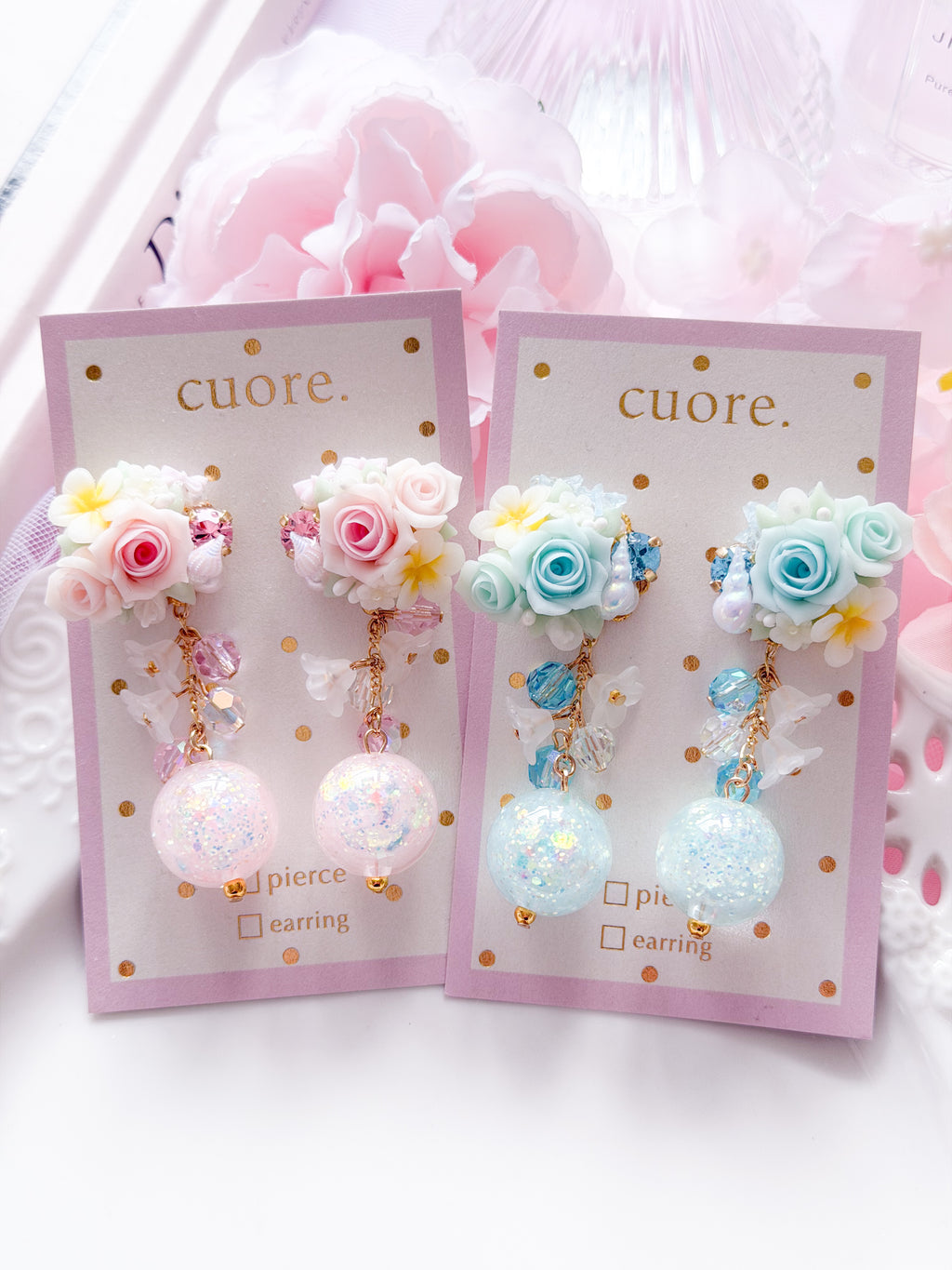 Cuore 獨家｜玫瑰奶糯水晶球耳環