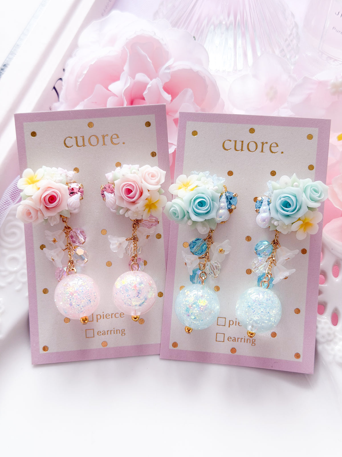 Cuore 獨家｜玫瑰奶糯水晶球耳環