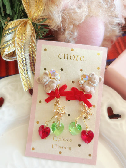 日本手作—聖誕小熊雙色水晶耳環