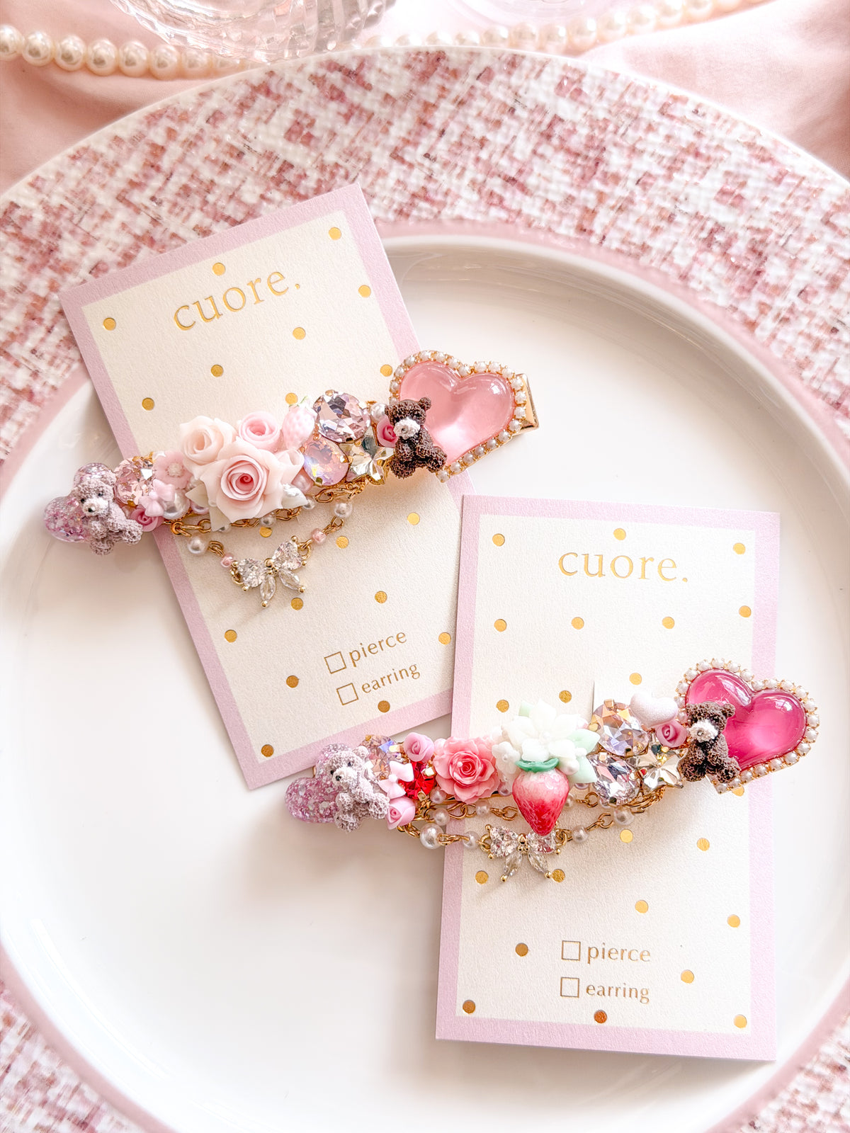 CUORE｜小熊玫瑰愛心水晶髮夾