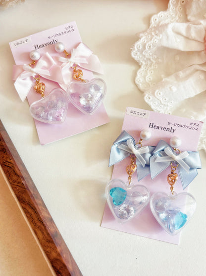 日本手工—蝴蝶結心形透明珠珠耳環