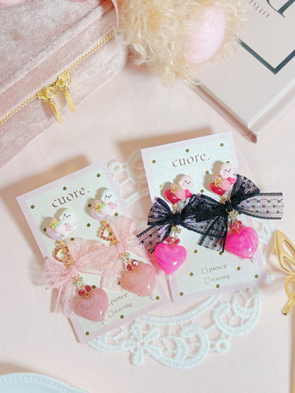 日本手作-蕾絲蝴蝶結小狗愛心耳環