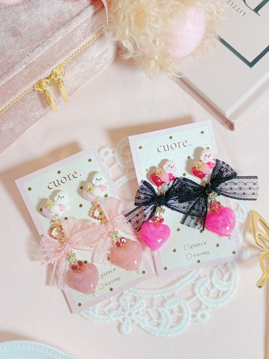日本手作-蕾絲蝴蝶結小狗愛心耳環
