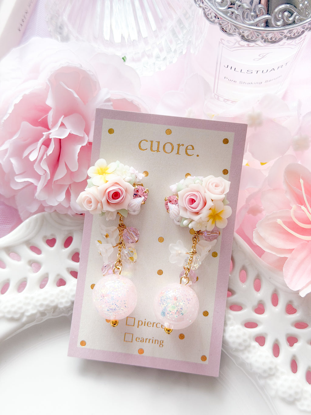 Cuore 獨家｜玫瑰奶糯水晶球耳環