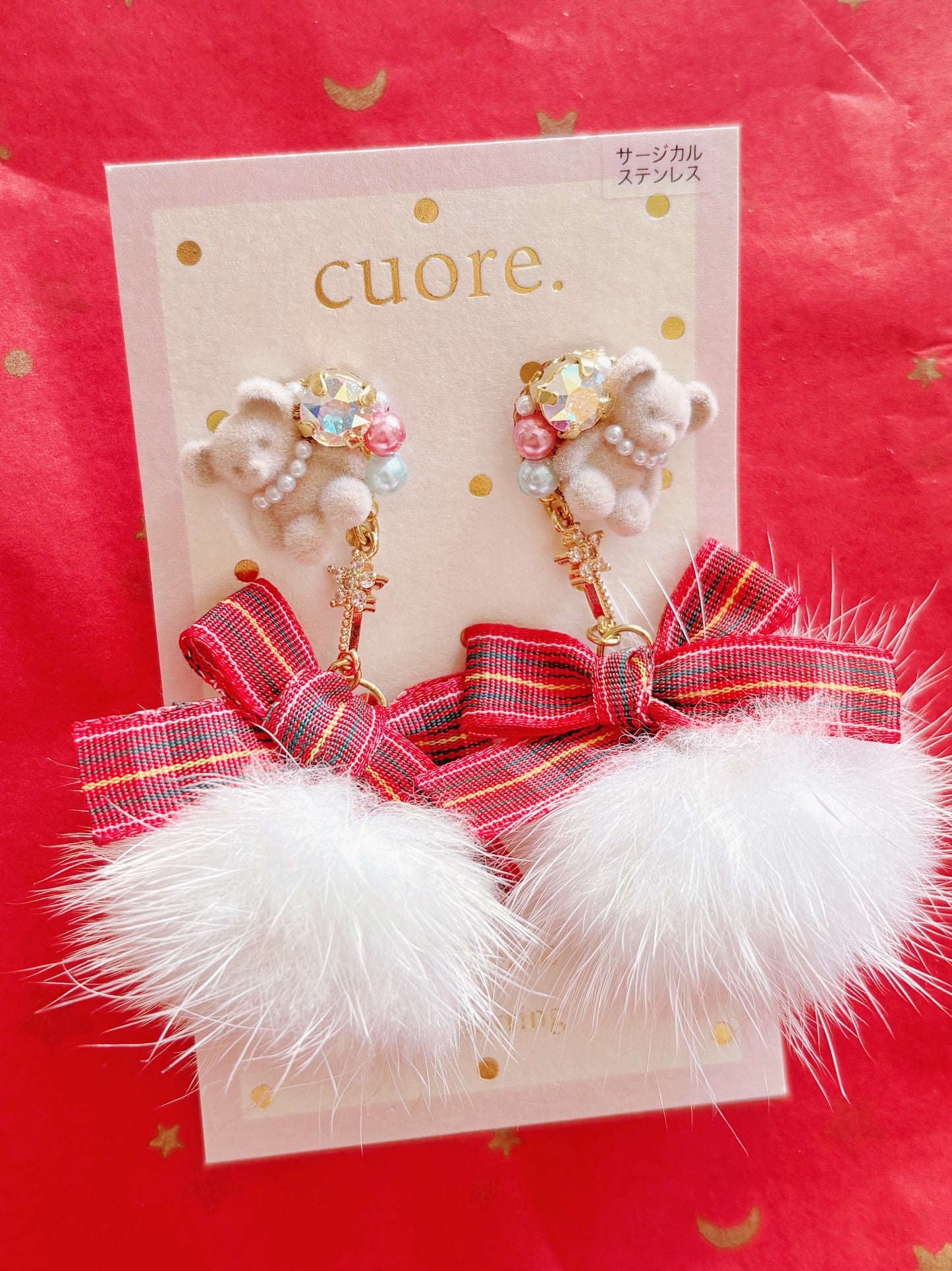 日本手工—聖誕小熊毛毛耳環