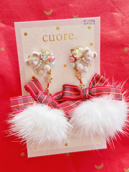 日本手工—聖誕小熊毛毛耳環