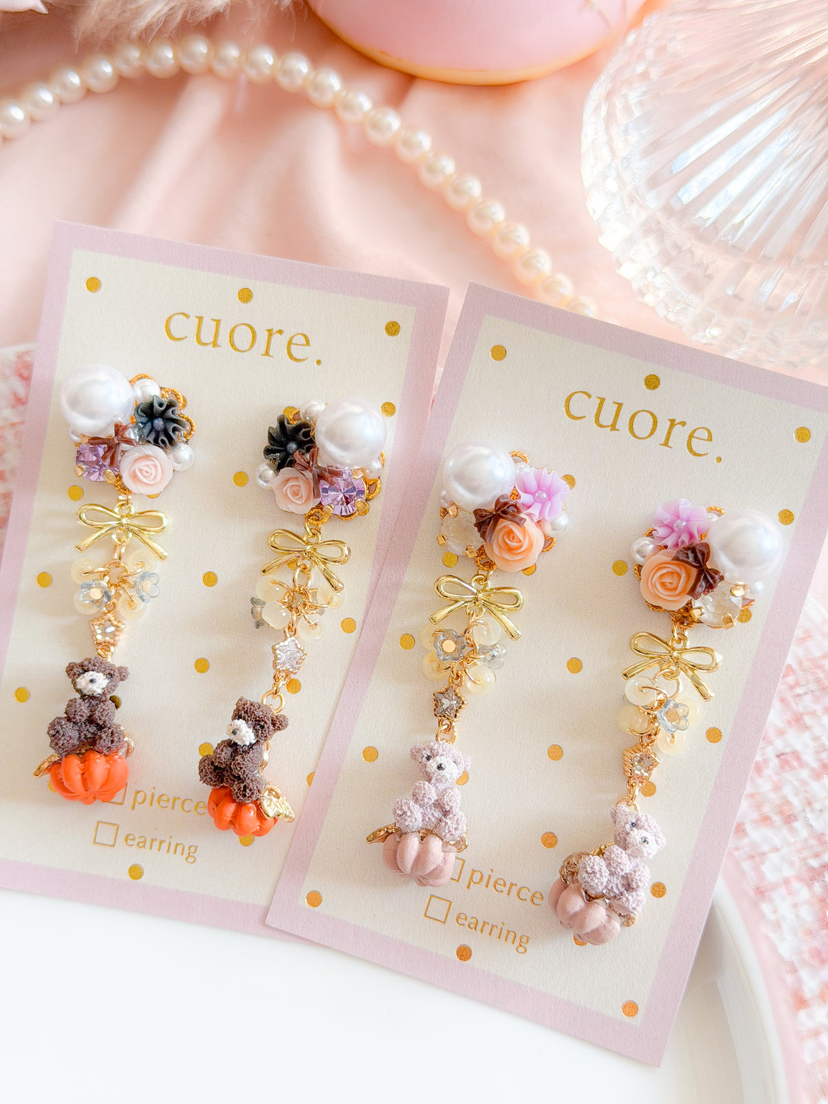 CUORE｜南瓜小熊珍珠花耳環
