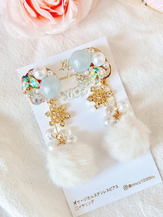 2Way白色水晶雪花耳環