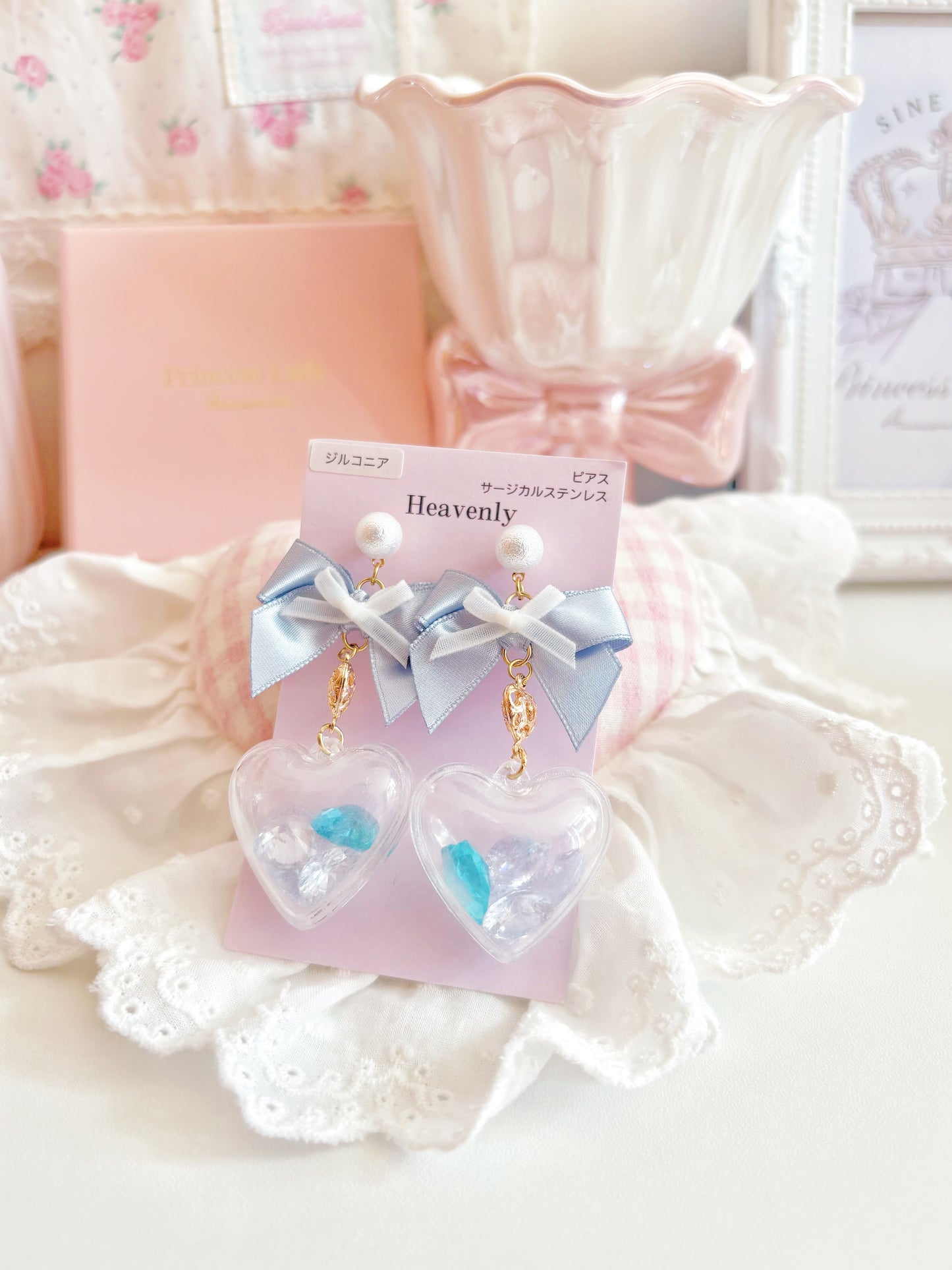 日本手工—蝴蝶結心形透明珠珠耳環