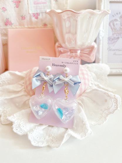 日本手工—蝴蝶結心形透明珠珠耳環