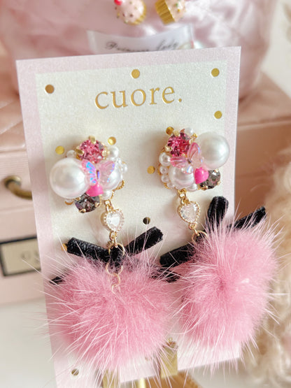 日本手工-甜美毛茸珍珠水晶耳環