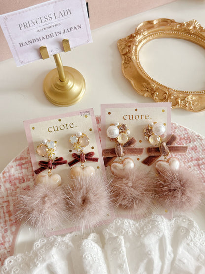 日本手工-冬日棕色水晶毛茸可愛耳環