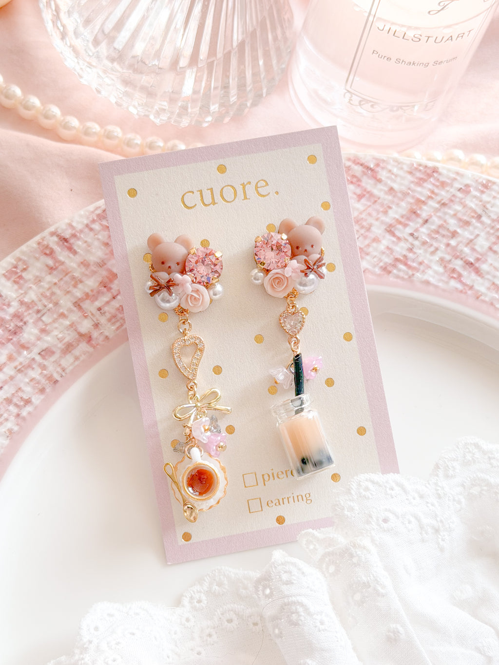 CUORE｜小熊珍珠奶茶花朵耳環
