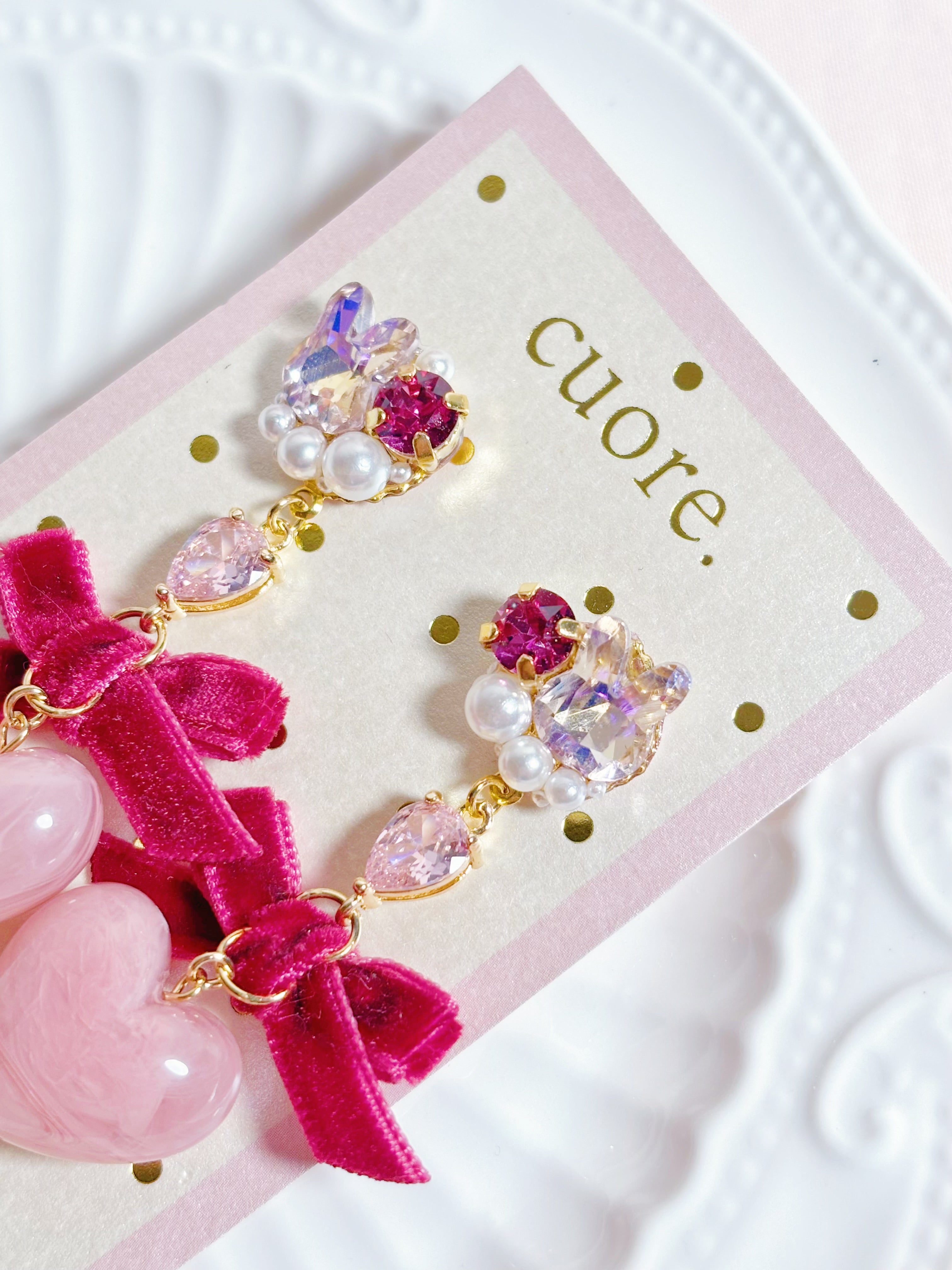 日本手作-水晶蝴蝶結心心耳夾