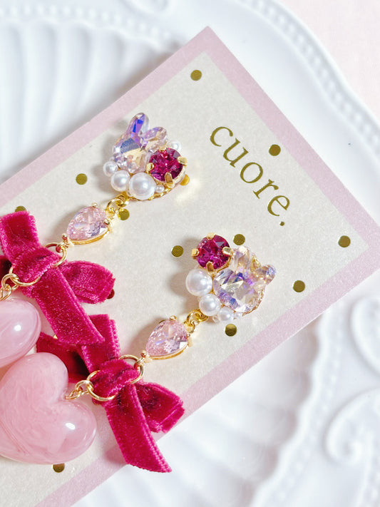 日本手作-水晶蝴蝶結心心耳環