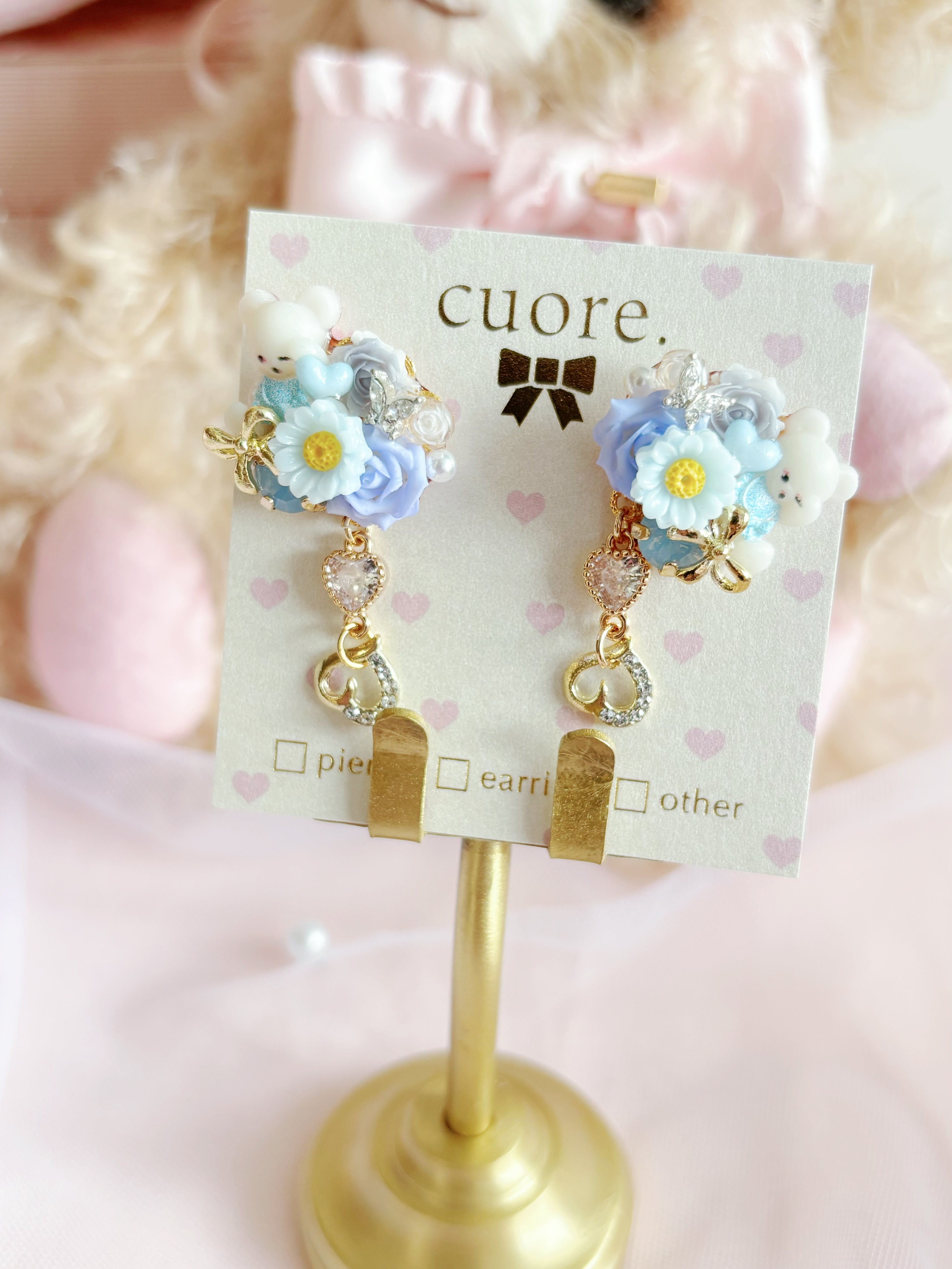 日本手工｜Cuore小熊立體小雛菊耳環￼