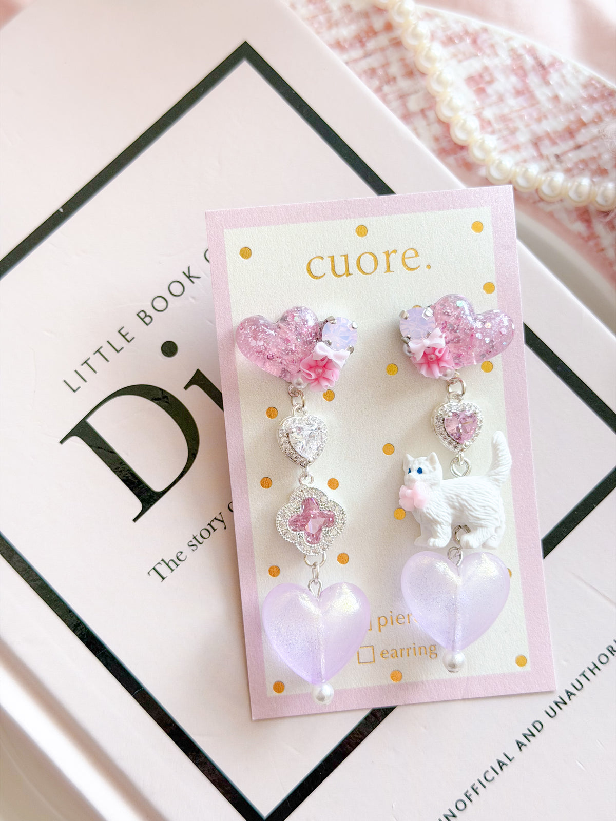 CUORE｜小貓愛心水晶花朵耳環