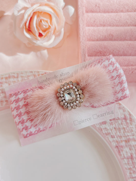 日本手工—粉色千鳥毛茸水晶髮夾