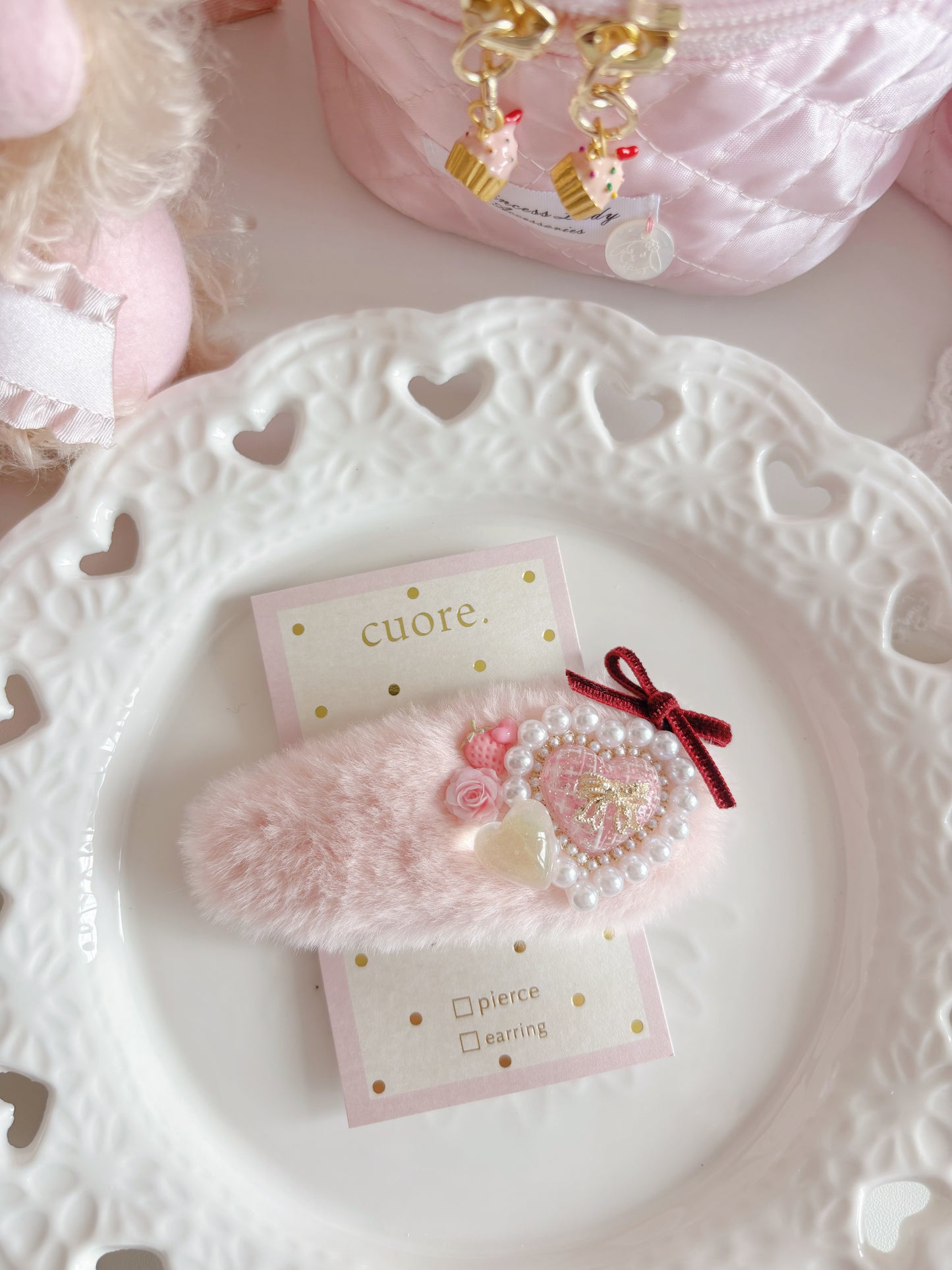 日本手工-可愛甜美風心心毛茸髮夾