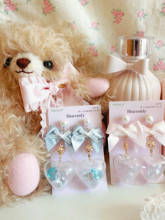 日本手工—蝴蝶結心形透明珠珠耳環