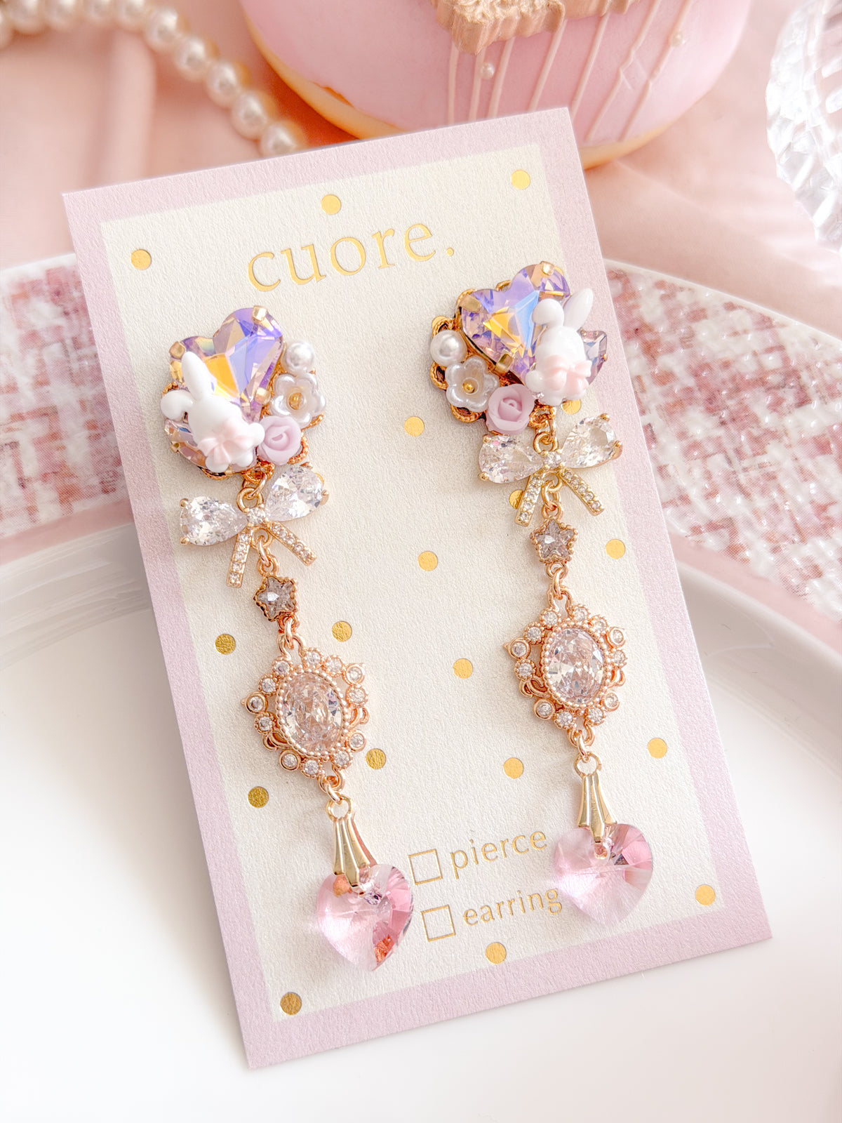 CUORE｜星光公主．小兔花朵水晶垂墜耳環
