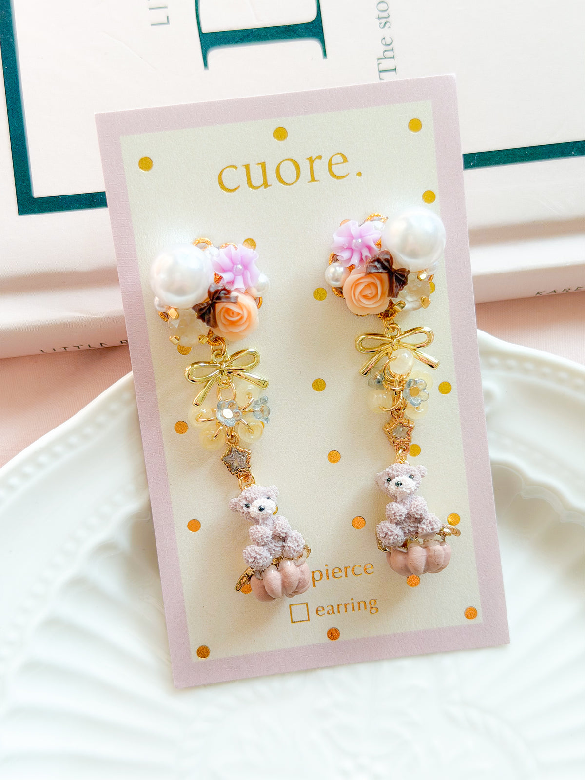CUORE｜南瓜小熊珍珠花耳環
