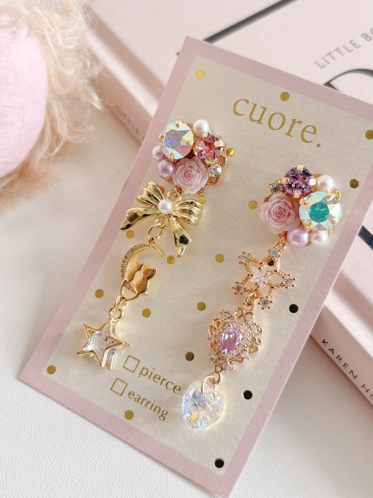 日本手工-半月小貓水晶耳環