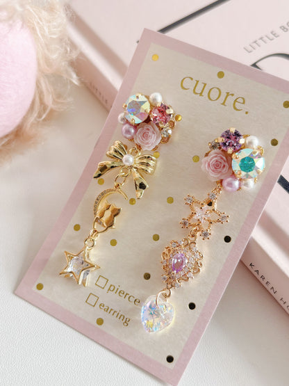 日本手工-半月小貓水晶耳環